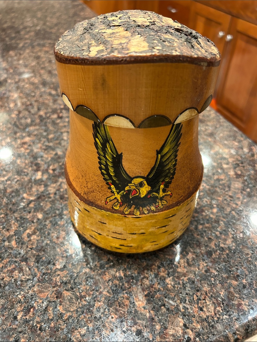 vintage hand-carved hand painted wooden or birch bark mug or stein with eagle